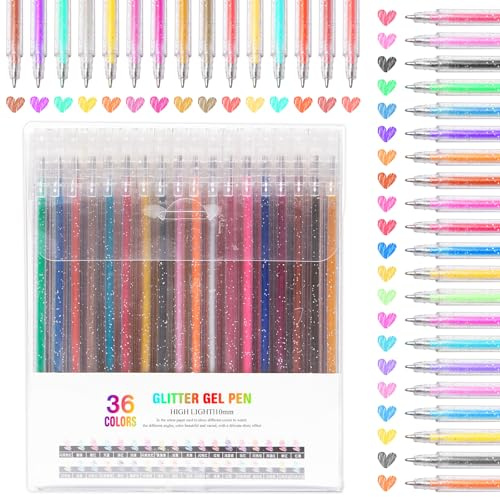 Pilikoll 36pcs Glitzer Gelschreiber Set Glitzerstifte Gel Gelschreiber Set | 36 Bunte Glitzer Gelschreibers, 1,0 mm Glitzer Gelstifte Set, Metallic Gelstifte mit Glitzer, für Tagebuch Malen Kritzeln