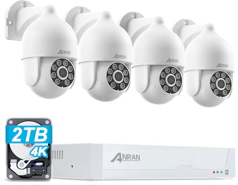 ANRAN 4K PoE Kit Videosorveglianza Esterno, NVR 8CH 2TB + 4x 8MP 360° PTZ Telecamere con Tracciamento Automatico, Rilevamento AI, Registrazione 24/7, Espandibile 10TB, Accesso Remoto, Sirena, IP67