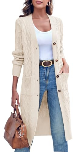 Imily Bela Strickjacke Damen Lang Zopfmuster Open Front Cardigan Langarm Herbst Winter Strickcardigan mit Taschen