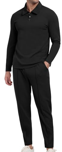 KUYIGO Survêtement polo 2 pièces pour homme - Pull à manches longues - Ensemble sweat et jogging - Haut gaufré - Pantalon décontracté - Vêtement de sport - Costume de golf