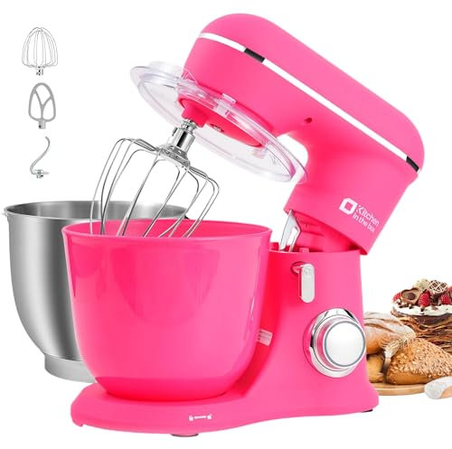 Kitchen in the box Stand Mixer, 4.5L+5L Two Bowls Food Mixer for Baking, 10 Speeds Electric Kitchen Appliance with Dough Hook, Whisk, Beater, 1300W Matte for Home Baking (Neon Pink)