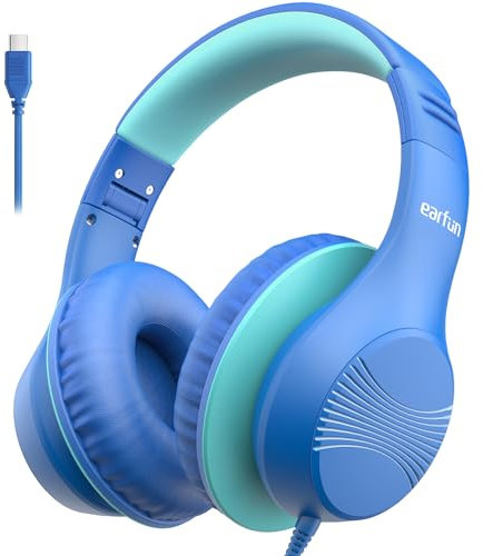 Earfun Kids Headphones Wired, Type-C Plug, Huge Over Ear Foldable Earmuffs, 85 dBA Volume Limited, HD Stereo Sound, Comfort Fit for All Age Children for Tablet/Phone/PC/Pad/Boys for Travel&Study, Blue