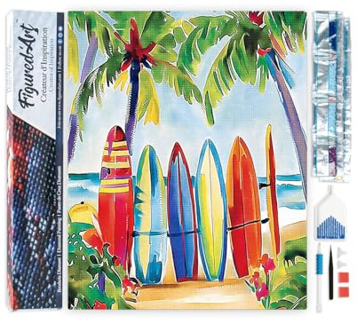 Figured'Art Diamond Painting Erwachsene 40x50cm Ganze Leinwand gerollt Bunte Surfbretter 5D Bilder Eckige Steine - DIY Set Basteln