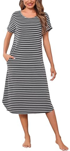 Litherday Camisón Mujer Largo Algodón Verano con Bolsillos Camiseta Dormir Rayas Manga Corta Suave Cómodo y Fresco para Casa y Dormir Tallas Grandes,Gris Oscuro y Blanco,XXL