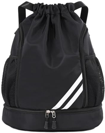 kingsea Mode Sport Rucksäcke, Turnbeutel mit Kordelzug, Wasserdicht Turnbeutel und Breit Kordelzug, Basketball Fussballtasche Rucksack Beutel mit Außentasche, Schwarz