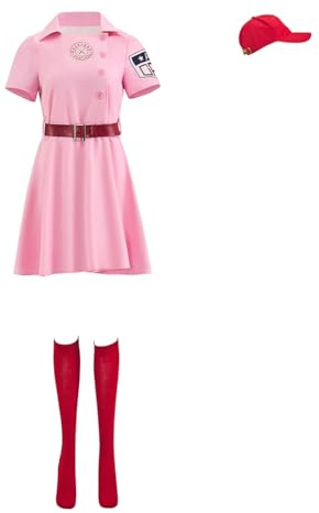 Willyacos Baseball-Kostüm für Erwachsene, Punkte, Rosa, Jersey, Kleid, Uniform-Set, Halloween-Outfit mit Hut für Damen