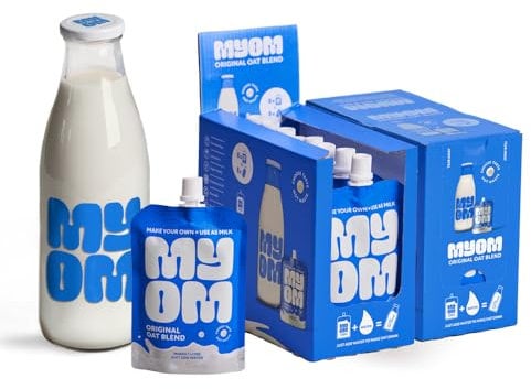MYOM - Oat Drink with Free Glass Bottle - Makes 16 Litres - Vegan Plant Based Oat Drink with Vitamin D3, Vitamin B12 and Iodine, Low Sugar - Dairy Free Plant-Based Milk - 2 Packs of 8 x 130g