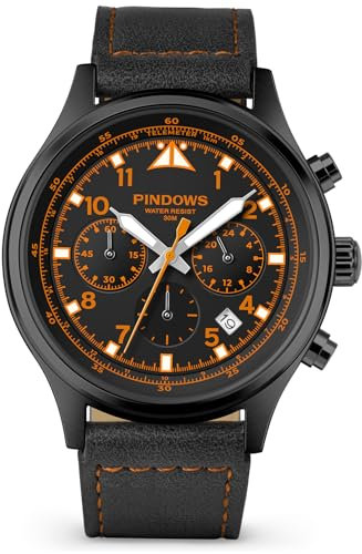 PINDOWS Armbanduhren für Herren, analoge Chronograph-Quarzuhren für Herren, wasserdicht, Business- und Freizeitkleidung mit schwarz-braunem Lederband