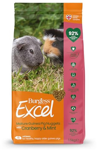 Burgess Excel Mature Guinea Pig Food with Cranberry & Mint, 1.5kg – Guinea Pig Nuggets for Mature Guinea Pigs – Vitality Supporting, Mature Guinea Pig Pellets