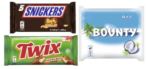 Schokoriegel Multipack-Mix 3 Packungen, 19 Riegel (731,5g) I Snickers 5x50g, Twix Haselnuss 5x46g & Bounty 9x28,5g I Milchschokolade I Karamell I Erdnüsse I Keks I Kokosnuss
