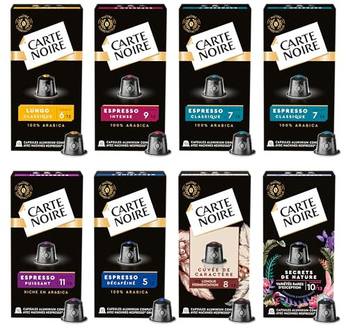 CARTE NOIRE - Assortiment de 8 x 10 Capsules Aluminium - Compatibles Nespresso® - N°6 Lungo, N°7 Classique, N°9 Intense, Secrets de nature, N°5 Décaféiné, Cuvée de caractère, Puissant N°11