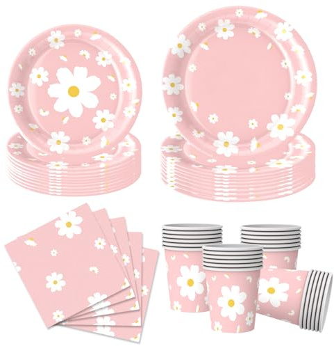 HFBOBP Lot de 80 pièces de vaisselle pour fête, marguerites, assiettes et tasses, serviettes, hommes, femmes, fêtes, mariages, fêtes d'anniversaire, décorations pour 20 invités