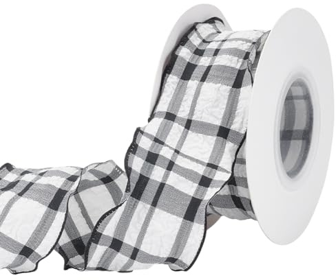 FINGERINSPIRE 9 m Chiffon Karoband 40mm Breit Schwarzer Stoff Gingham Band Polyester Nähen Schottenmuster Karierter Plissee Besatz Zum Nähen von DIY Kleidung Dekoration Kleidungszubehör