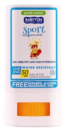 Babyton Kids Natural Sunscreen Sport Stick SPF 50 – Mineralischer Breitbandschutz für empfindliche Babyhaut – Wasserfester Gesichtssonnenschutz mit Zinkoxid, Sheabutter, Bienenwachs – 20 g