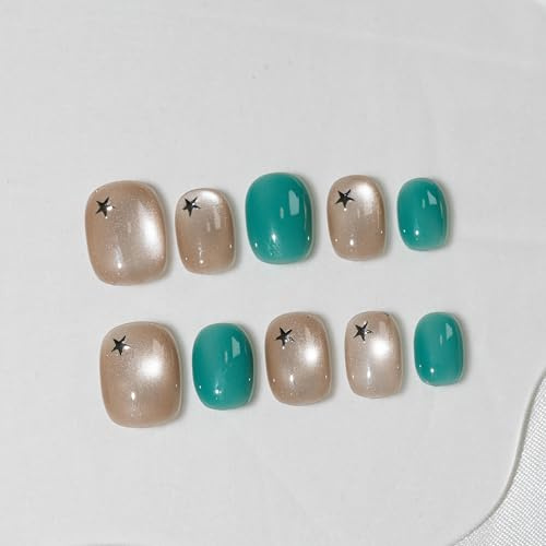Sun&Beam Nails Handmade Press-on Short Squoval Round Green Nude Beige Magnet Minimalist Sweet Design Fashion False Nail Tips 10 Pcs Set (#261 M)