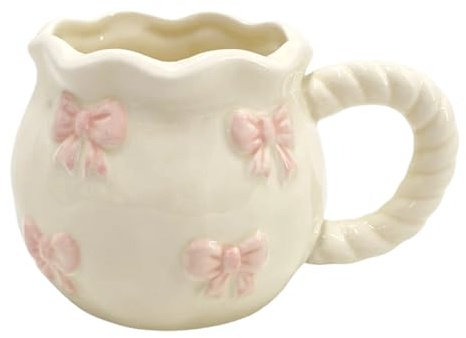 Taza hecha a mano con detalles de lazos, taza de agua de cerámica blanca con patrón de lazo, apta para lavavajillas, vajilla para niñas, regalo de cerámica, taza de café con lazos