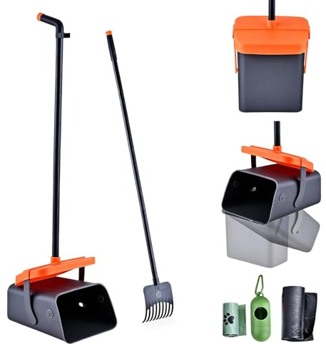 Pooper Scooper 46 Inch, Adjustable Handle Dog Waste Rake with Swivel Bin | 2-in-1 Rake & Bin, Odour-Proof Lid, 35 Waste Bags, for Lawn, Grass, Gravel, Flats