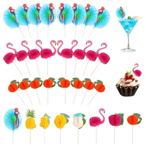 100 Stück Cocktail Deko Flamingo,Cupcake Deko Tropical,Gelbe Ananas,Tropische Früchte und Pfau,Flamingo Cupcake Topper,Cocktail Decoration für Partys Geburtstagsbars Getränke Usw (Farbe Mehrfarbig)