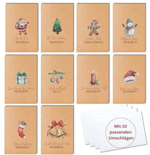 Winterliches Weihnachtskarten Set A6 aus Kraftpapier | 10 Klappkarten mit schönen Motiven und Grüßen | mit passenden weißen Umschlägen | Liebevolle Weihnachtsgrüße