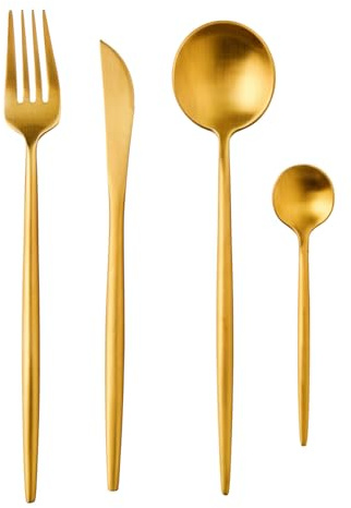 BUTLERS 4-tlg. Besteckset für 1 Person Edelstahl - STILETTO - matt | Farbe Gold - Essbesteck für Hauptspeisen & Desserts - Garnitur mit modernem Design - gebürstete Oberfläche
