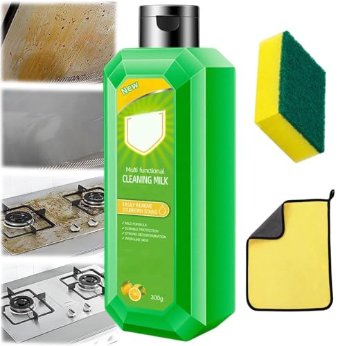 Cleaning Milk House Cleaner, Multifunctional Cleaning Milk, 10.6 Oz Stubborn Stain Remover with Towel & Sponge, for Stovetops Cookware Countertops Floors Glass
