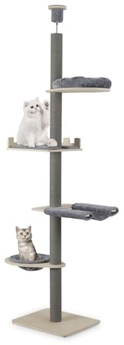 GOPLUS Kratzbaum deckenhoch, 236-271 cm Katzenbaum mit 5 Etagen, vom Boden bis zur Decke reichender Katzenspielturm mit Plattformen, Kissen, Bett, Kratzpfosten & Korb