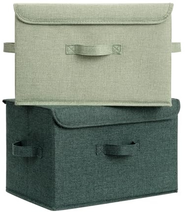 GRANNY SAYS Wardrobe Storage Boxes with Lid, Pack of 2 Collapsible Storage Boxes Lidded, Large Fabric Baskets for Bedroom Organising Shelves, Top of Wardrobe Organisation, Bean and Deep Green