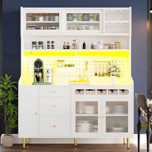 Lahoomu Hochschränke, Küchenschrank, Esszimmerschrank, Wohnzimmer-Schrank mit verstellbaren Einlegeböden, Schränke mit LED-Beleuchtung, Schublade mit Weinregal,145×39×171cm, Weiß