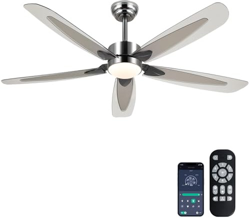 Kviflon 132 cm Deckenventilator mit Beleuchtung & Fernbedienung – Leiser 5-Flügel Flachbau Deckenleuchte mit App-Steuerung, Dimmbar, für Innen & Überdachte Außenbereiche, Silber