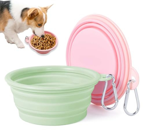 MKEAWWU Ciotola Portatile Per Cani Pieghevole Silicone, 2 Pezzi Da Viaggio Con Moschettone, 350 Ml, Rosa E Verde