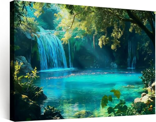 70 x 50 cm Wohnzimmer Deko Wald Wasserfall Türkissee Wandbild Kunstdruck auf Leinwand Bild Schlafzimmer über Bett Room Kinderzimmer Decor, Vlies Wandbild Kunstdruck Wanddeko Naturthema