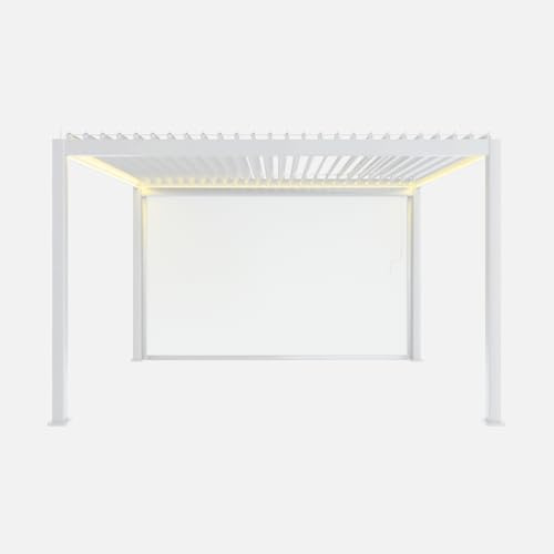 sweeek Pergola bioclimatica 3x4m motorizzata in Alluminio LED + Tenda 4m Bianco - 301x301x236.5 cm