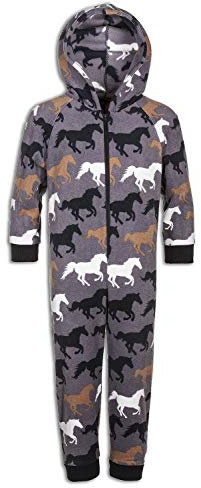 Camille Childrens Super Soft Fleece Onesie - Hooded All In One - Long Sleeved and Full Length with Elasticated Cuffs and Ankles Grey Horse Print 9-11 Years