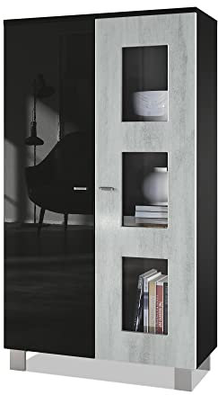 Vladon Vitrine Denjo, Made in Germany, Standvitrine mit 2 Türen und 3 Glaseinsätzen, Schwarz matt/Schwarz Hochglanz/Beton Oxid-Optik (71 x 129 x 35 cm)