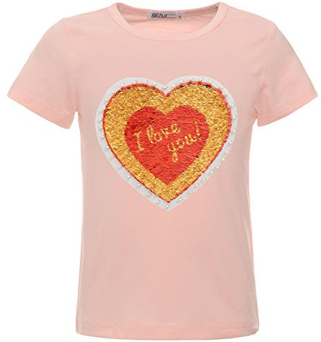 BEZLIT Mädchen Wende-Pailetten Herz ILY T-Shirt Kunst-Perlen Oberteil 22544 Rosa Größe 140