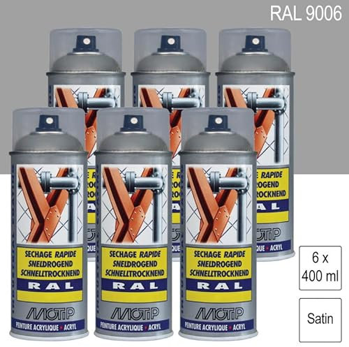 Lot de 6 Peintures aérosol RAL 9006 Aluminium blanc satiné 400ml MOTIP