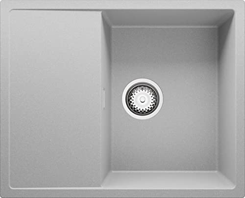 PRIMAGRAN Fregadero Cocina Gris 62x50cm, Granito 1 Seno + Sifón, Sobre encimera al mueble 45cm - Ibiza