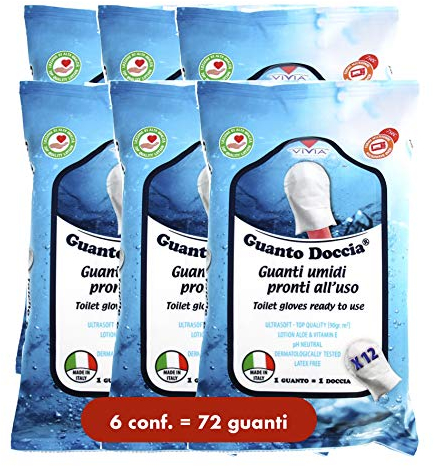 Guanto Doccia® - Lot de 6 paquets de gants de douche (72 au total), humides et savonneux pour l’hygiène du corps, prêts à l’emploi, sans rinçage, fabriqué en Italie