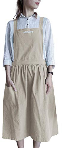 Nanxson Delantal de trabajo de algodón con espalda cruzada para mujer con babero de 2 bolsillos para chef, repostería, manualidades, arreglos florales CF3094 (beige)