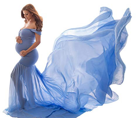 LaoZan Embarazada Vestido de Fiesta Bodas Profundo de Cola Suelta Plisado Fotográficas Maternidad Vestidos Larga Premamá Apoyos (Cielo Azul,Busto 96CM)