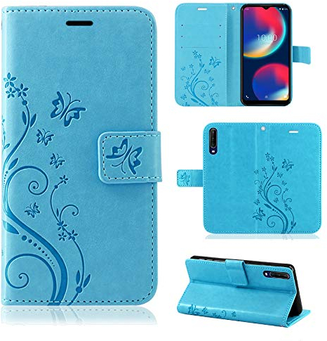 Hülle Kompatibel mit Wiko View 4 / View 4 Lite | Premium PU Leder Handyhülle Wallet Case für View 4 / View 4 Lite | Schutzhülle Blumen Klapphülle Handyhülle | Blau