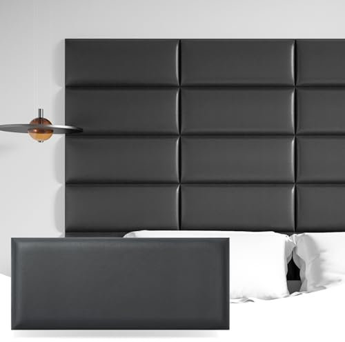 Art3d Lot de 12 Panneaux muraux Auto-adhésifs pour tête de lit King Size - en Cuir synthétique - pour Chambre à Coucher et Salon - Insonorisés - 60 x 25 cm - Noir