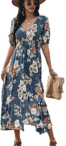 Saiqigui Women's Summer Short Sleeve V-Neck Floral Casual Maxi Long Dress Beach Boho Style (M, Blue, m)