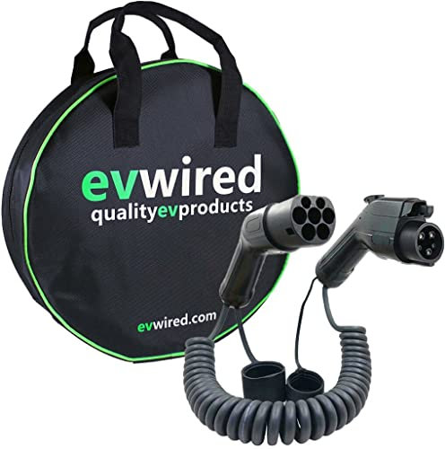EV Wired Coiled Type 1 to Type 2 3 metre EV charging cable 32A 7kW single phase with free carry case