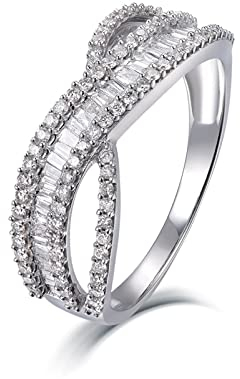 BCughia Engagement Ring, Diamantringe Frauen Weiß Baguetteschliff Diamant 18 Karat Weißgold Kreuzförmiges Design Versprechen Ringe Größe 53(16.9)