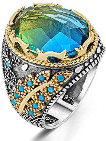 Massiver 925 Sterling Silber Türkis und Turmalin Stein Herren Ring 10,5 Metall Turmalin, 10.5, Metall, Turmalin