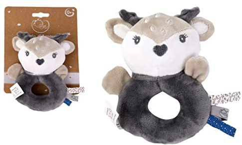 Dodo d'AMOUR - Schmusetier Rassel - Rehkitz - 012292 - Grau - Fleece - Geburt - Plüschtier - Baby - Beruhigend - Weich - Waschbar - 13 cm x 10 cm - Ab 0 Monaten