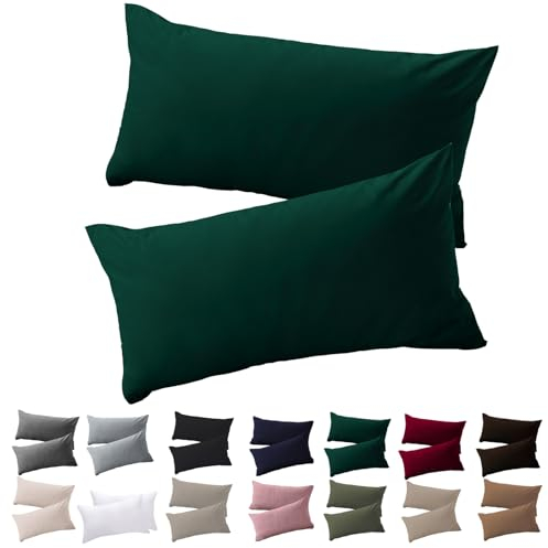 Soifox Kissenbezug 40 x 80 2er Set - Kopfkissenbezug 40x80 Dunkelgrün 100% Mikrofaser bügelfrei & knitterfrei mit Reißverschluss