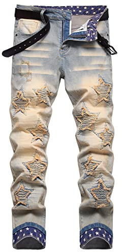 Baylvn Men's Designer Straight Slim Fit Patchwork Jeans Comfort Skinny Biker Denim Pants, 3848 Vintage Blue, 38