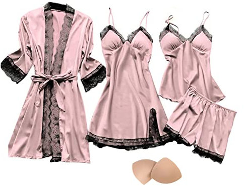 QraraZL Femme 4 pièces Satin Pyjama Ensemble Dentelle Kimono Robe Pyjama Ensemble Sexy Négligé et Short Chemise de Nuit Ensemble 4 pièces, avec Coussinets de Poitrine Rose M